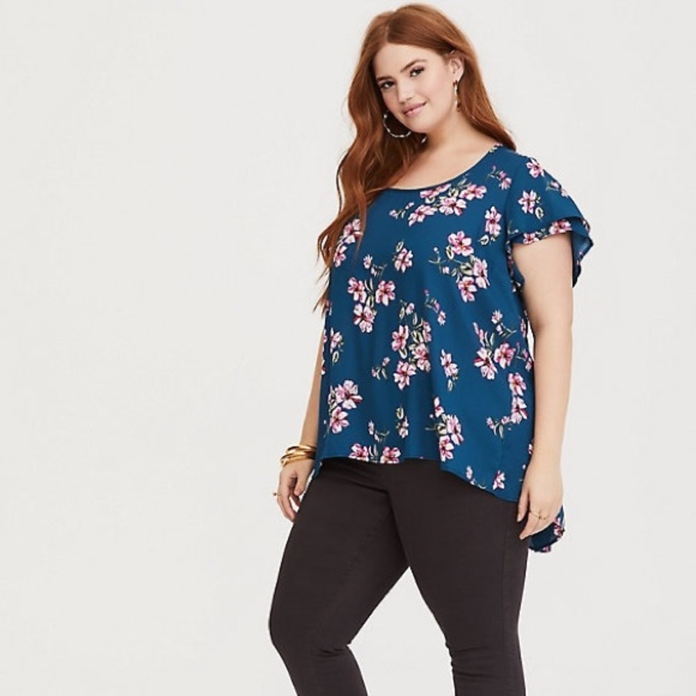Blue floral flutter sleeve georgette blouse